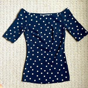 Boden off the shoulder top. Navy and white polka dot